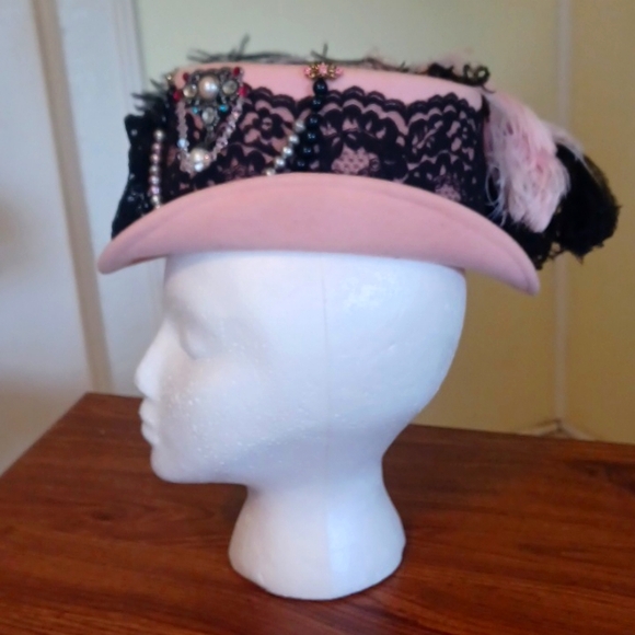 Pink and black felt top hat Rocco Lolita steampunk romanigoth Burlesque - Picture 3 of 8